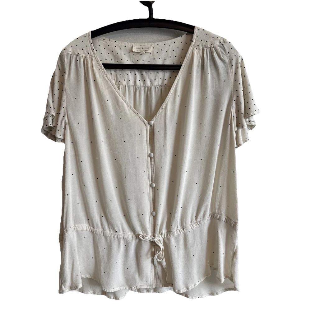 Lucky Brand Polka Dot Flutter Sleeve Peplum Top XL Dainty Feminine Lightweight